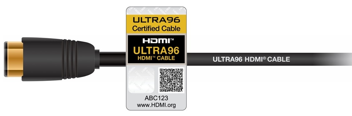 Certificeringslabel van de Ultra96 HDMI kabel met QR-code en logo
