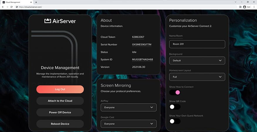 AirServer Connect 2 netwerk beheer via het Cloud Management-portaal.