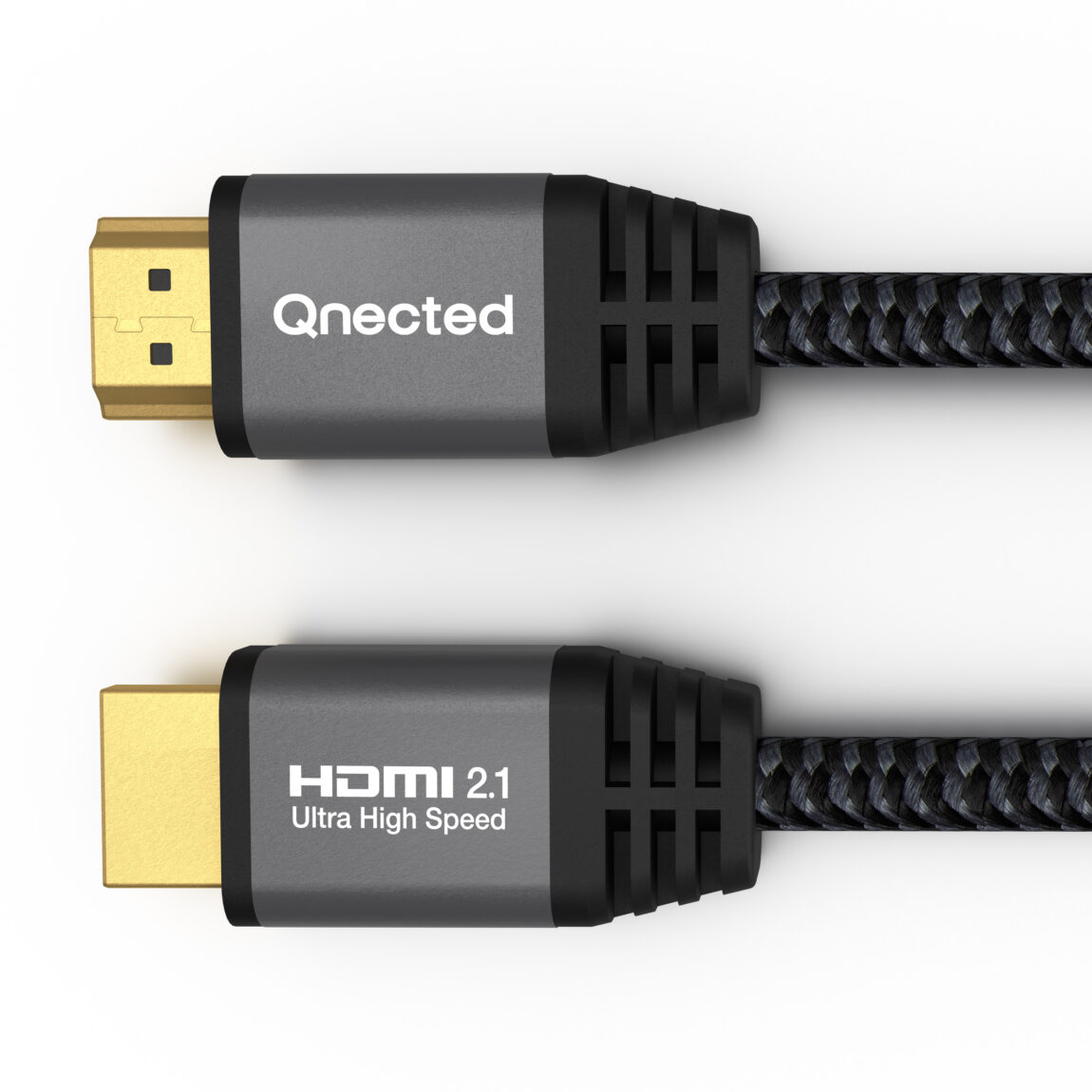Detail van een Qnected HDMI-kabel met metalen connectoren en gevlochten mantel